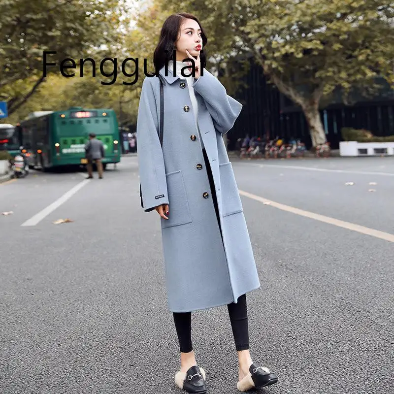 

FENGGUILAI Winter Autumn Women's Wool Trench Korean Fashion Long Woolen Coat Single Breasted Slim Female Autumn Winter Wool Coat