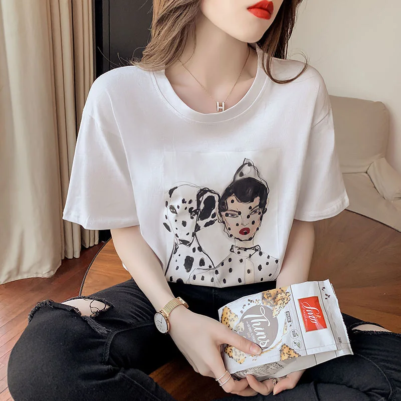 

Funny Cartoon Print with dog Harajuku Gothic Summer Loose T Shirt for Women Kawaii Clothes 2021 white new woman tshirts tops