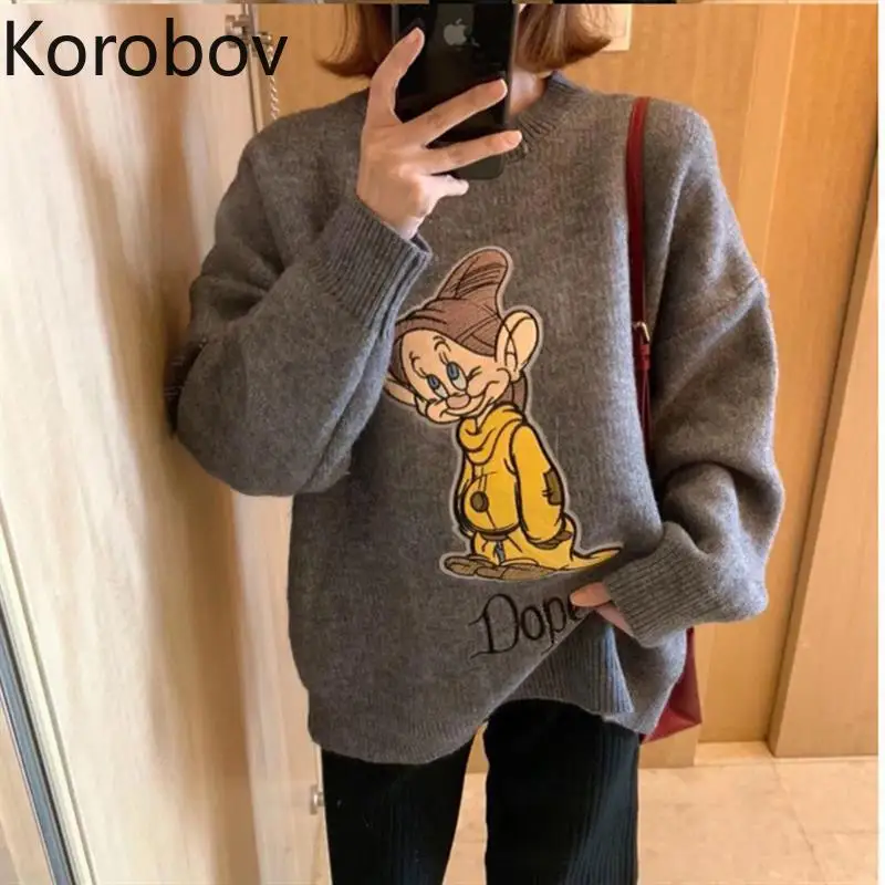 Korobov-suéteres de punto de dibujos animados para Mujer, ropa de calle coreana, Harajuku japonés, cuello redondo, manga larga, suéteres Kawaii Vintage