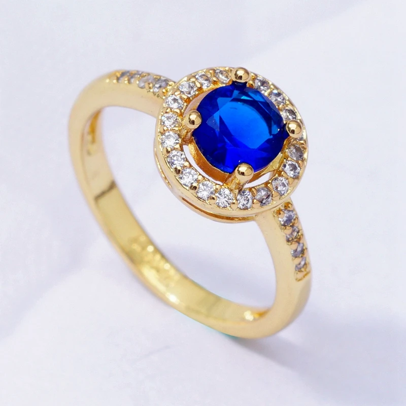 Новинка 2020 классическое золотистое кольцо с синим фианитом свадебное для