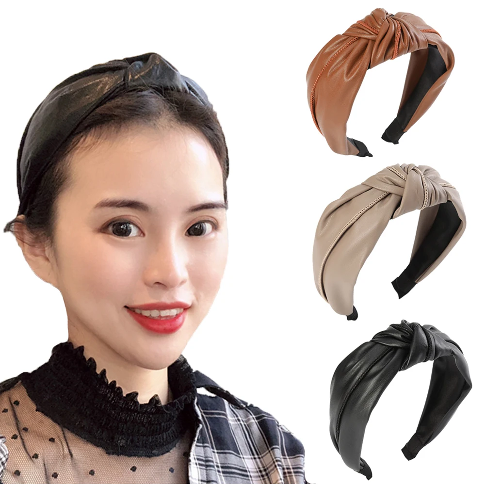 Женский ободок из натуральной кожи однотонный с узелком аксессуар для волос в