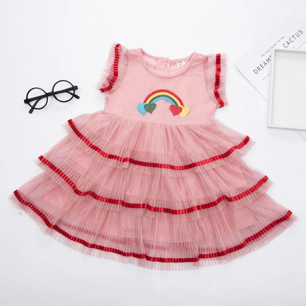 Многослойное платье принцессы с бахромой для девочек Радужное без рукавов