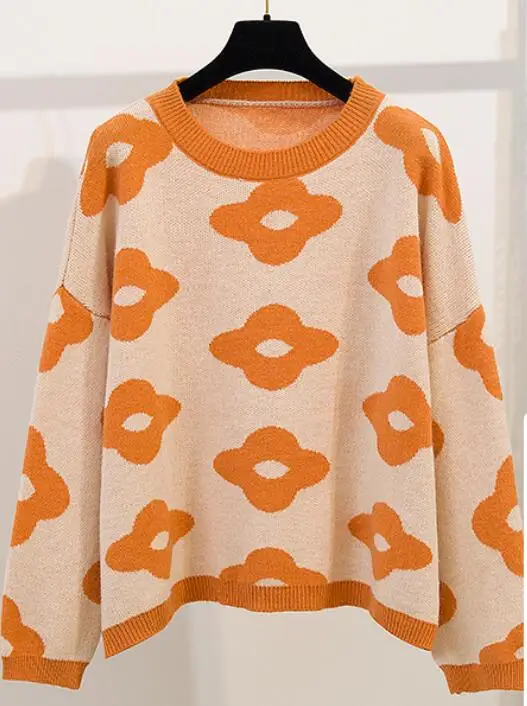 orange sweater only Осенний повседневный комплект из двух предметов, женский свободный пуловер с рисунком подсолнуха+ рваные брюки из денима - Цвет: orange sweater only