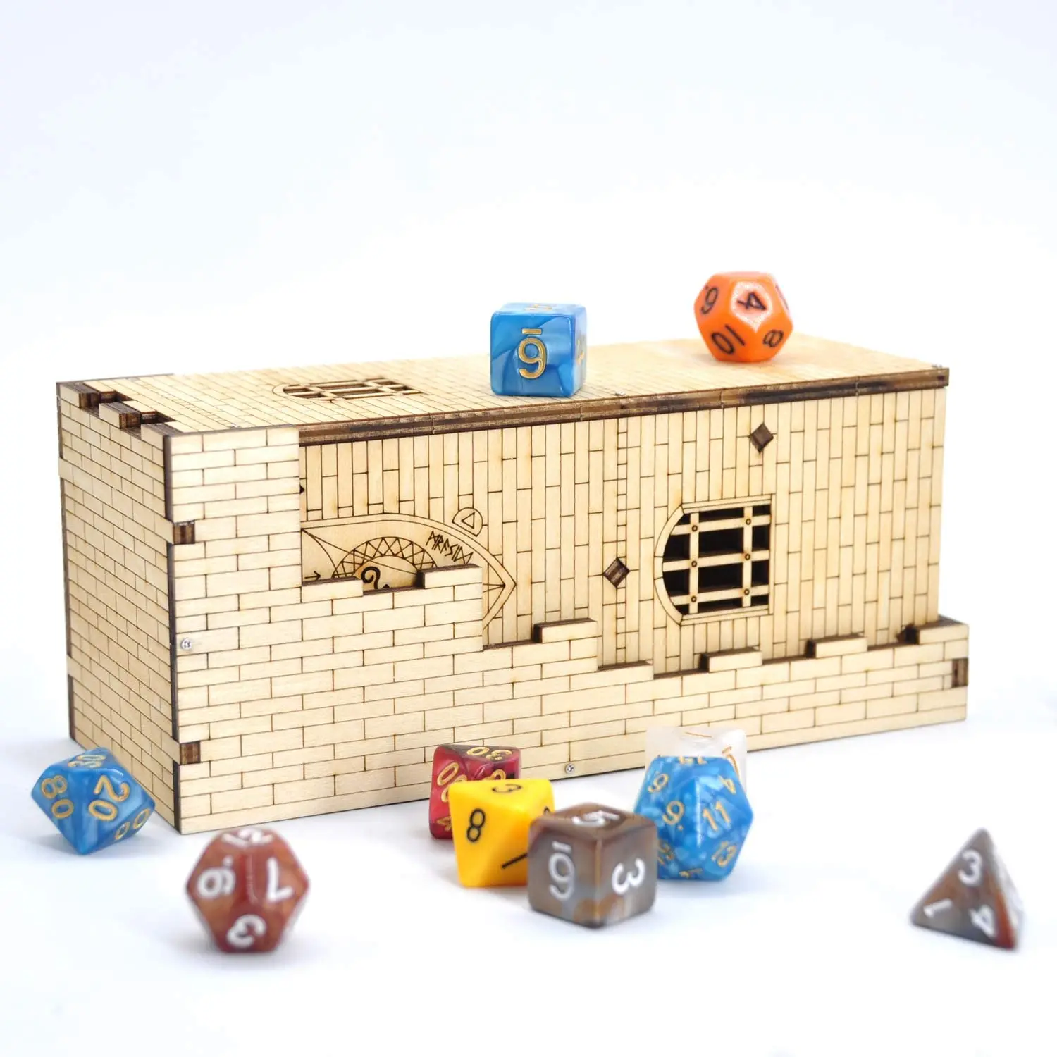 Torre de dados del castillo con bandeja, rodillo f&aacute;cil de tallar de drag&oacute;n cortado con l&aacute;ser de madera, Perfecto para juegos de mesa, D & D y RPG-1