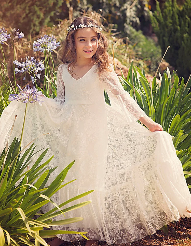 

Cute Flower Girl Dresses For Weddings A-line V-neck 3/4 Sleeves Lace Long First Communion Dresses Little Girl