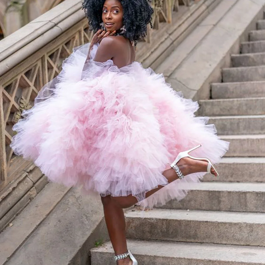 

Light Pink Puffy Ruffles Short Tulle Dresses Women Dresses Beautiful Tutu Dress Female Sweet Dress