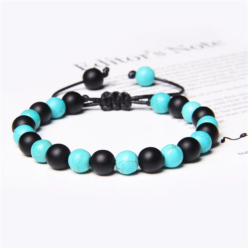 

Vintage Adjustbale Woven Bracelets Men 8 mm Fengshui Black Onyx Stone Beads Bracelets For Women Blue Turquois Braid Jewelry