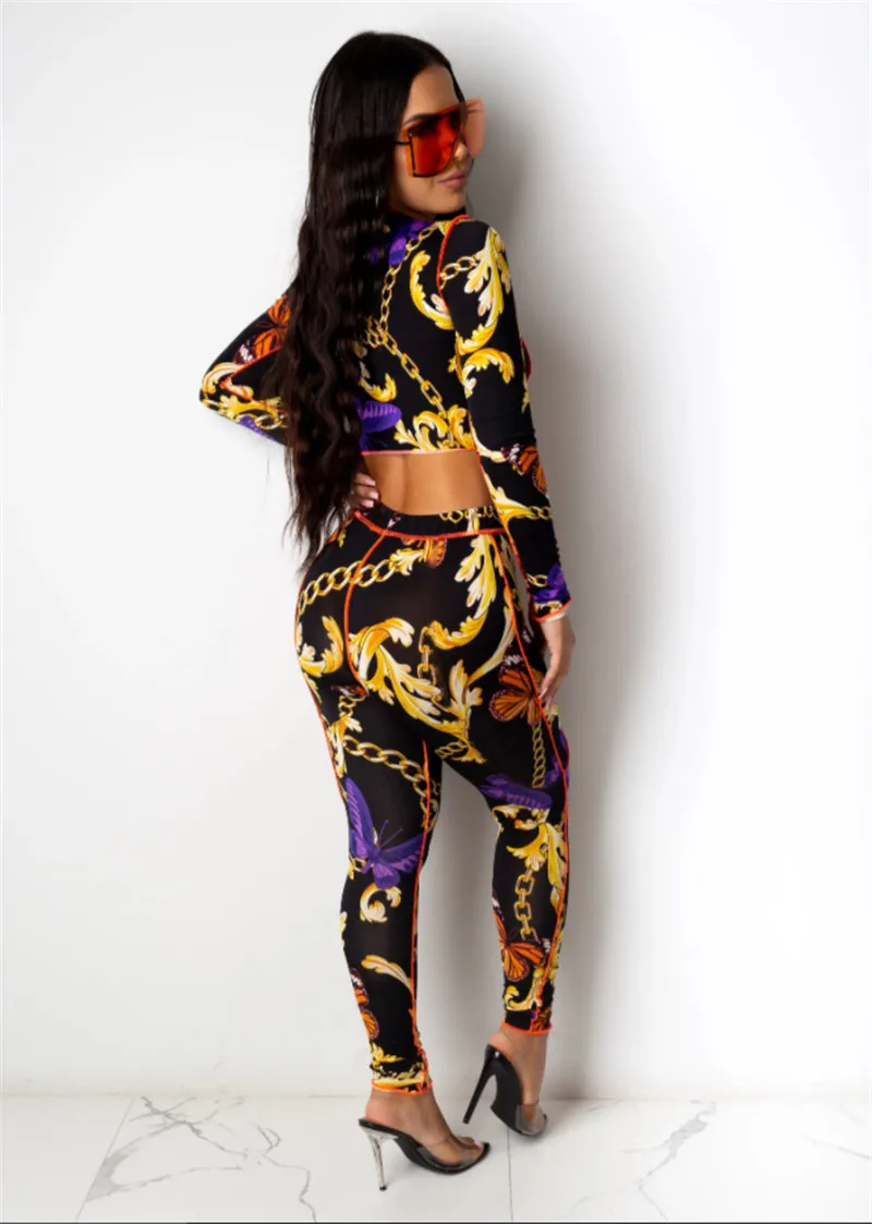 

Adogirl Fashion Print Women Sexy Two Piece Set Lace Up Hollow Out Long Sleeve Crop Top Pencil Pants Night Club Suit Tracksuit