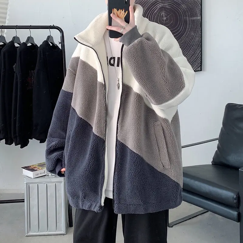 

Winter Lamb Wool Splicing Jacket Cotton Jacket Men's Lloose Stand Collar Long Sleeve Cardigan Cotton Jacket