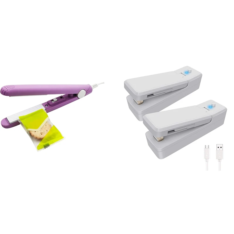 

1X Household Heat Sealer Bags Machine US Plug Purple & 2 Pack Rechargeable Mini Bag Sealer, Handheld Heat Sealer