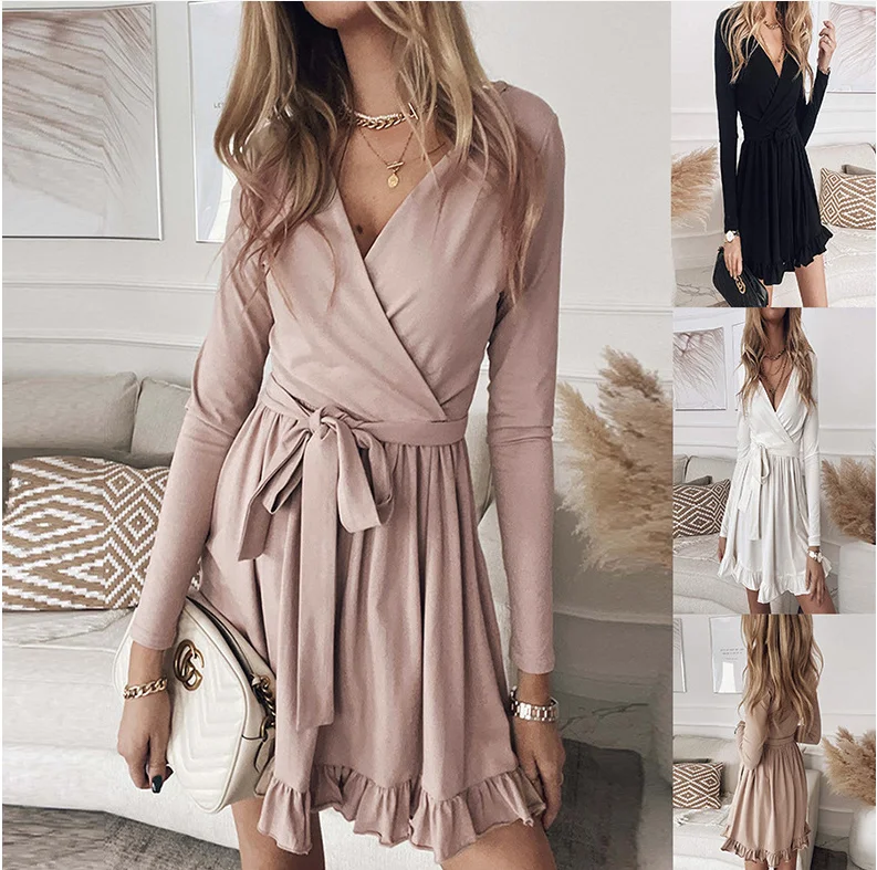 

Autumn Winter Mini Dress Fashion Casual Lace Up V-neck Black White Long Sleeve Ruffles Beach Party Dresses For Women Robe Femme