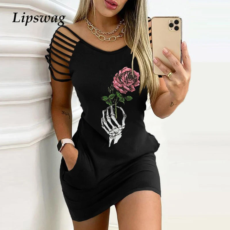 

Женское мини-платье с коротким рукавом, элегантное ажурное платье с круглым вырезом и принтом розы, повседневное праздвечерние чное платье,...