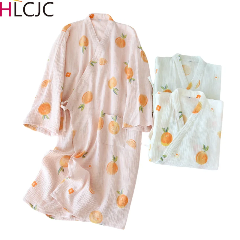 

Женская ночная рубашка-кимоно из 100% хлопка и крепа, женский халат, весенние тонкие банные халаты, оранжевая одежда для сна с принтом, халаты ...