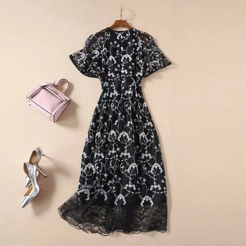 

Lace Top Quality Dress 2021 Summer Women O-Neck Allover Exquisite Embroidery Flare Sleeve Mid-Calf Length Vintage Retro Dress