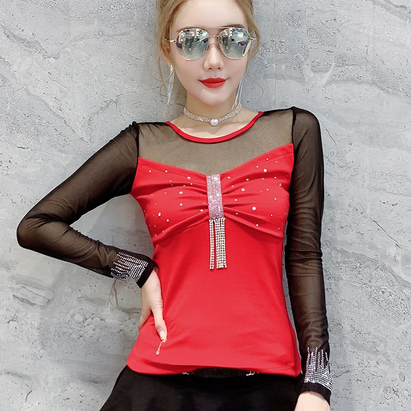 Футболка женская сетка со стразами пряжи Сезон весна-осень В стиле панк-рок топы