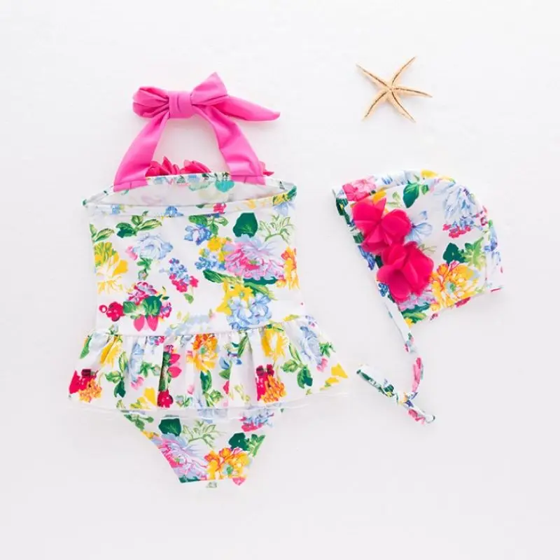 

Baby Girl Suspenders One Piece Swimsuit/Children One Piece Swimwear with Cap/Printed Flowers Hot Spring Swimwear 3204