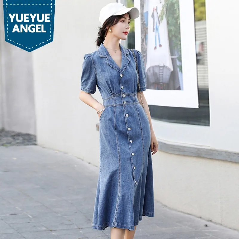 

Женское летнее джинсовое платье, Элегантное однобортное длинное платье с высокой талией, офисное Повседневное платье с коротким рукавом, Н...