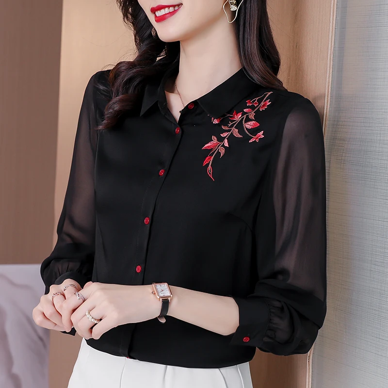 

COIGARSAM 3XL Plus Size Full Sleeve Shirt Womens tops New Summer Spring Chiffon Women shirts Black 915
