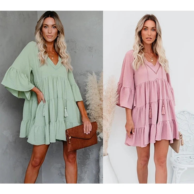 

Women Elegant Half New Deep V-Neck Swing The Bat Sleeve Macrame Splicing Ruffled Min Sexy Party Traf Dress Summer 2021