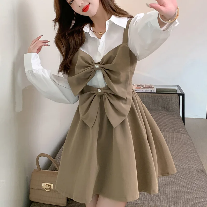 

2021 Autumn Sweet Two Piece Sets Bow Design Sense High Waist Suspender Short Skirt + Solid Color Shirt Casual Skirts Suits Women