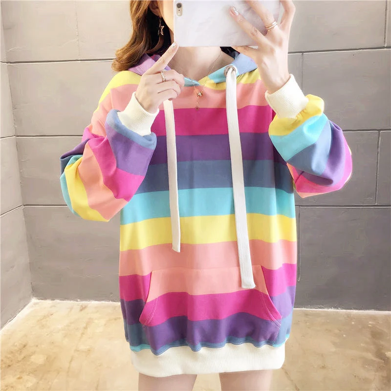 

Harajuku Rainbow Stripe Hoodies Women Sweatshirt Loose Pullover For Sweet Girls Pastel Fahion Pink Clothes Cute Japanese Hoodies