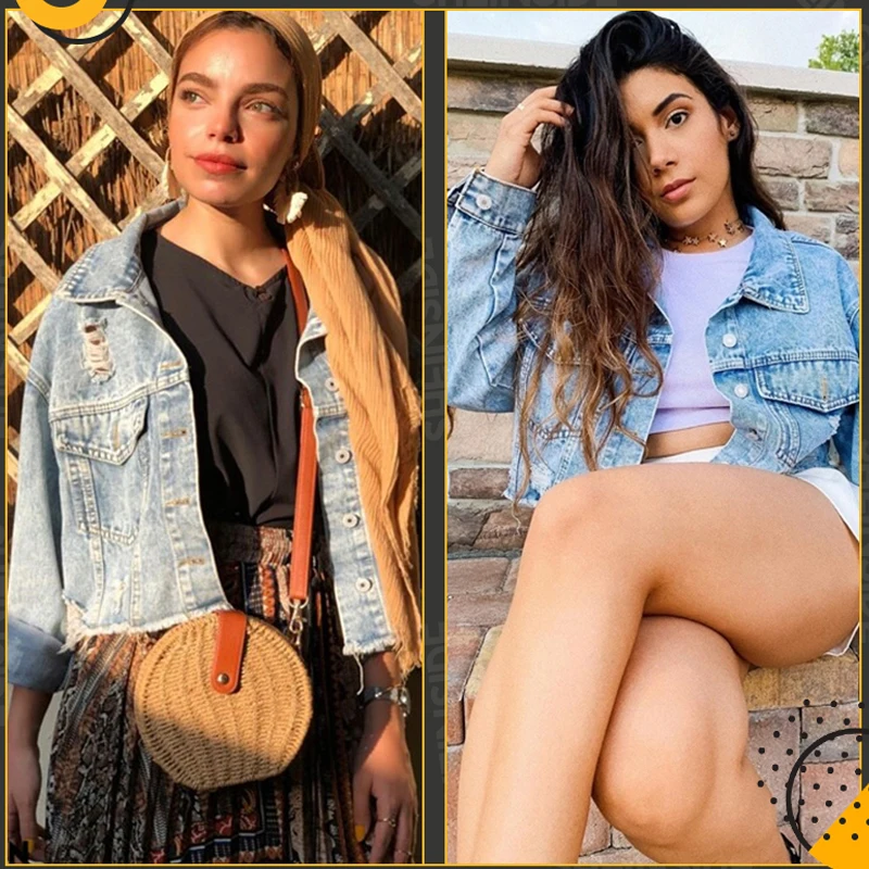 Dotfashion синяя короткая джинсовая куртка с рваными потрепанными краями и хлопьями для женщин Осенняя Повседневная однобортная одежда осеннее однотонное пальто