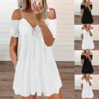 Женское вечернее платье с открытыми плечами, однотонное повседневное элегантное платье мини с V-образным вырезом и коротким рукавом, лето 2021