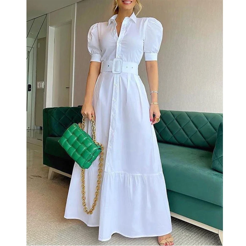 

Women Fashion High Waist Wihte Maxi Dress with Belt Ladies Singble Breasted Slim Dress Short Sleeve Casual Vacation Dress