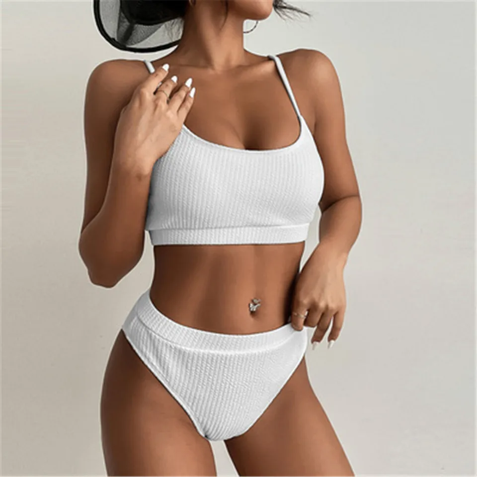 

Женский купальник, однотонный комплект бикини с высокой талией, сексуальные купальные костюмы с открытой спиной, треугольная летняя пляжна...