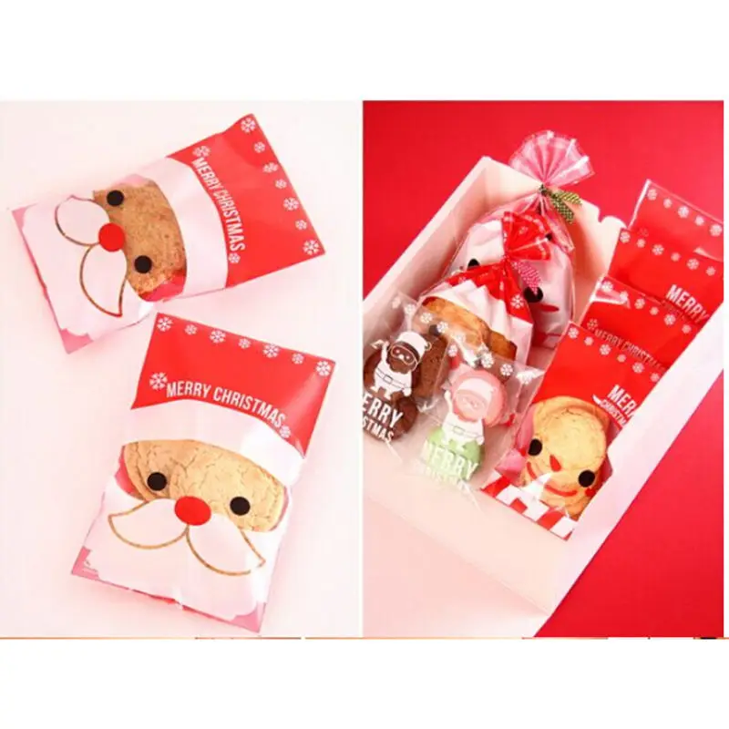 

100PC hristmas Santa Claus Gift Bags Box Holder Clear Cellophane Cookie Sweet Wedding Birthday Candy Party Gusset Packaging Bag