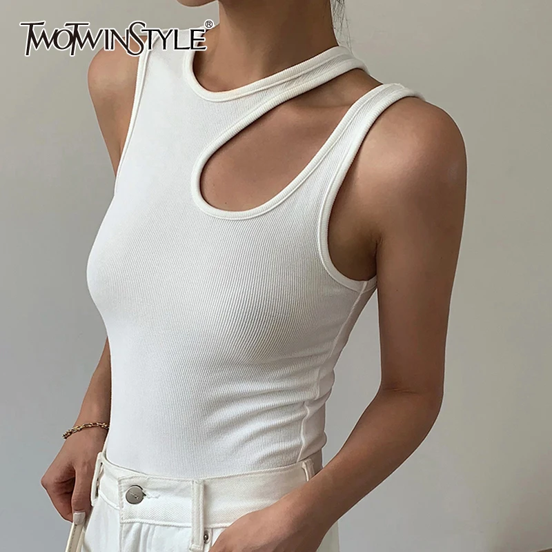 

FAKUNTN Casual White Cut Out Women's T Shirt Round Neck Sleeveless Korean Slim T Shirts Female Clothing 2021 Summer Fashion