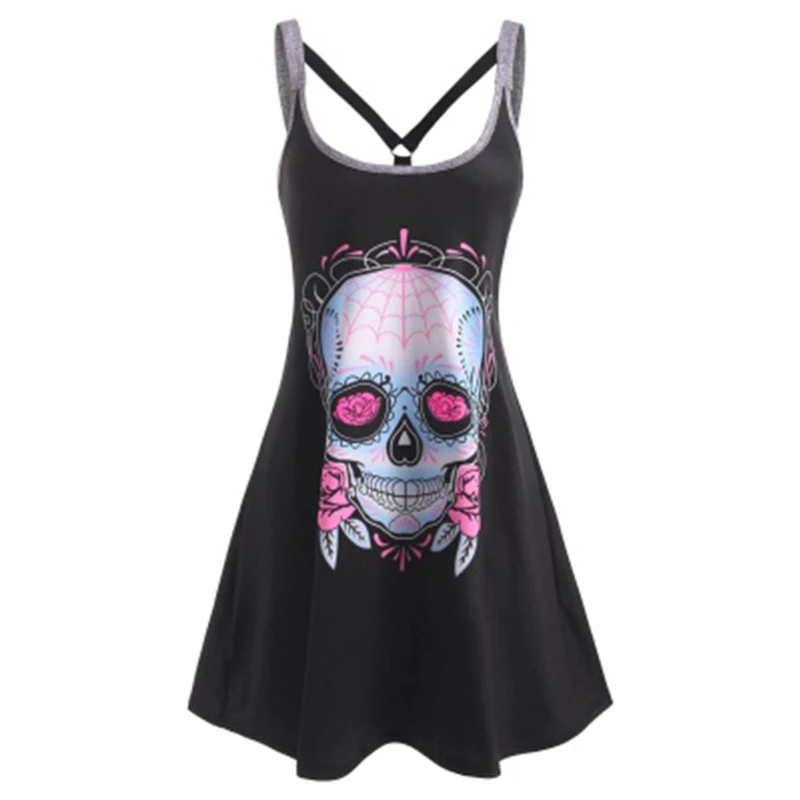 Summer Goth Y2K Egirl Plus Size Skull Women Sleeveless Mini Dress Casual Dresses tver dark academia alt clothes free shipping