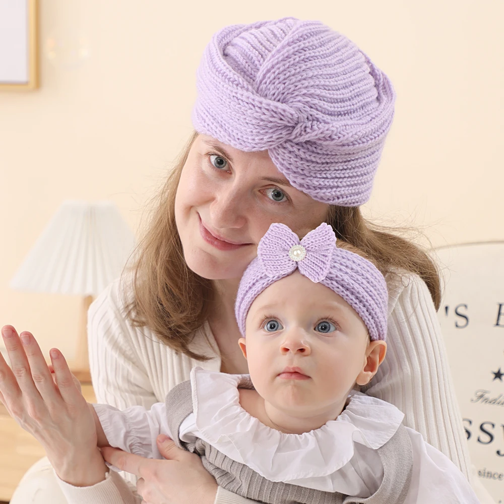 

Women Knitted Hat Beanies Baby Bow Headband Turban Mom and Kids Hair Accessories Set Newborn Knit Bow Headwrap Mom Crochet Hat