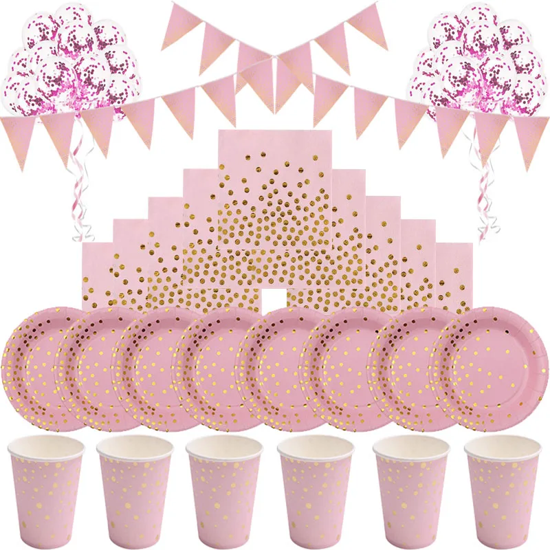

Gold Pink Disposable Wedding Tableware Paper Plates Napkin Baby 1st Birthday Party Decor Baby Shower Girl Party Supplies Balloon
