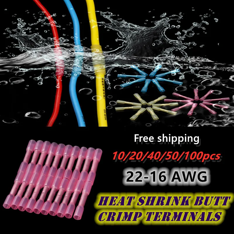 

50/100PCS Wire Terminal Heat Shrink Butt Crimp Terminals Insulated Red Waterproof Seal Wire Connectors 22-16 AWG Free Shipping