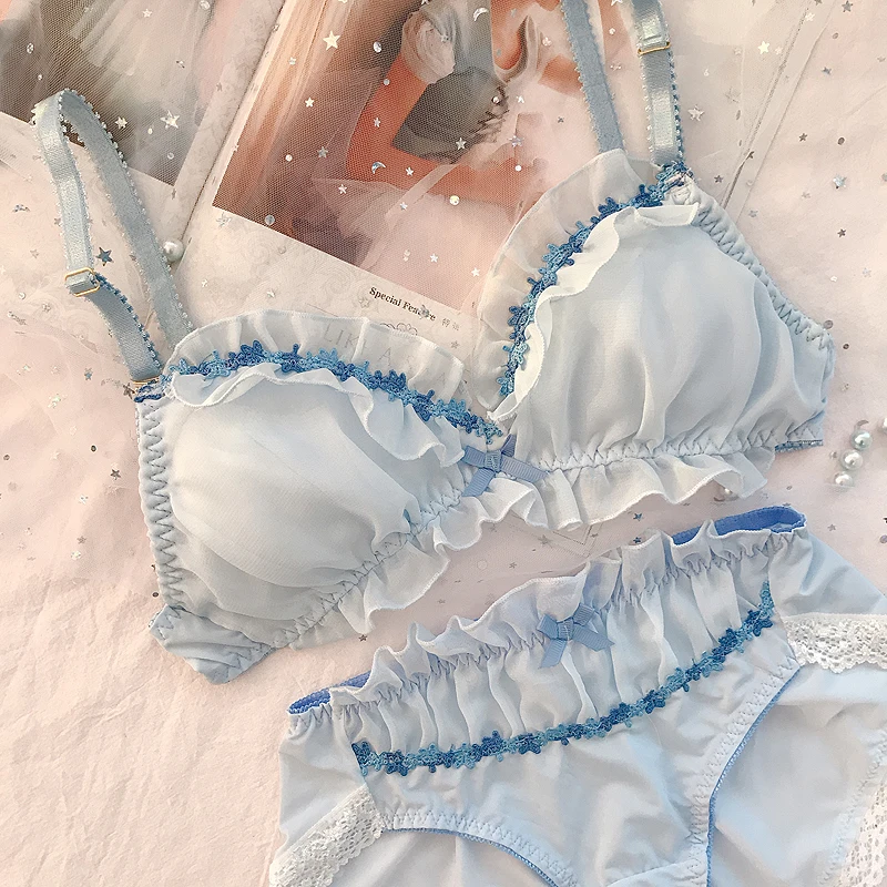 Light Blue Маленькие, свежие, удобные, нижнее Белье для сна, кружевное, шифоновое, Сетчатое, тонкое, маленькое, сказочное, японское, нижнее белье, бюстгальтер и трусики, комплекты - Цвет: Light Blue
