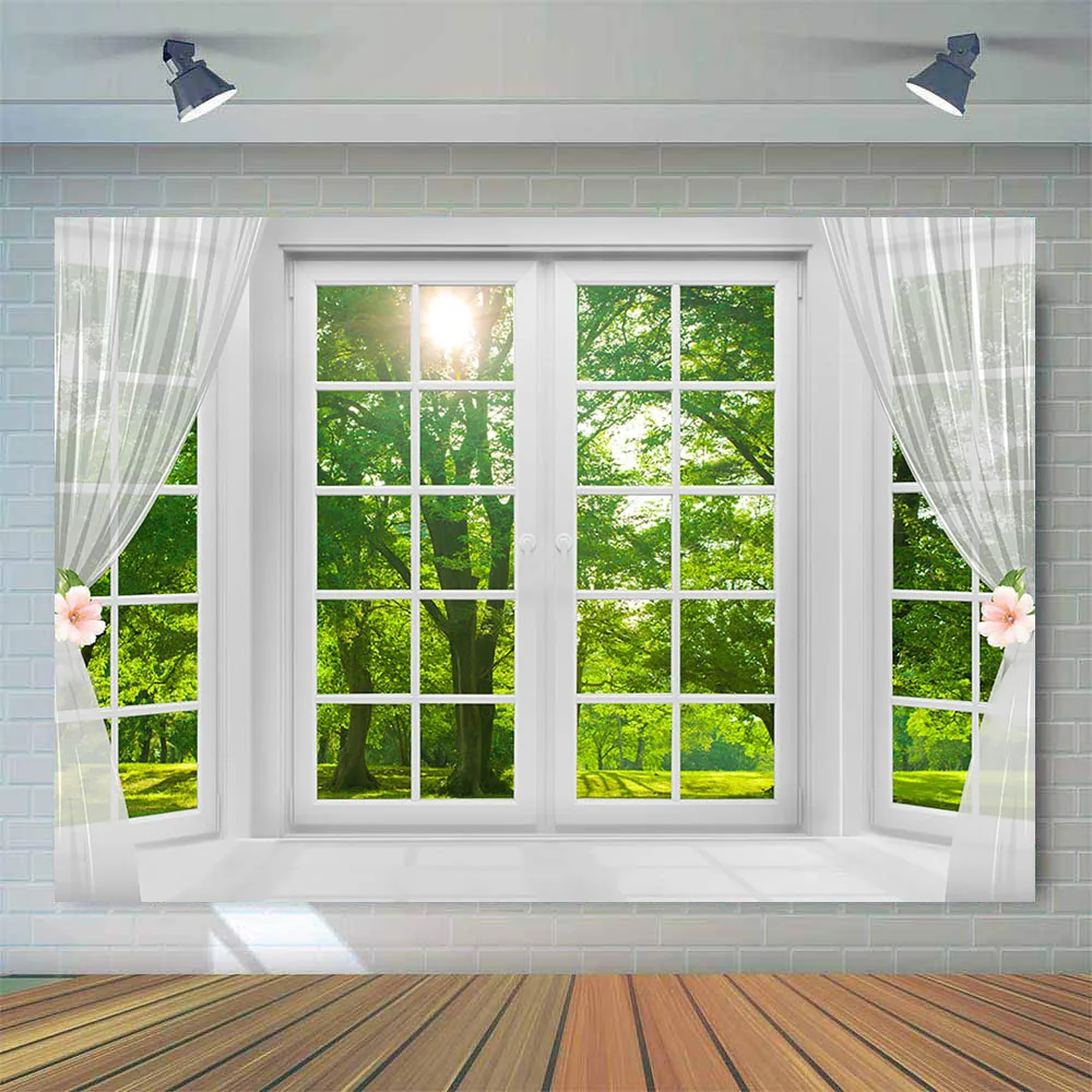 Spring Window Scenery Photography Backdrop White Windowsill Floral Green Forest Natural Photocall Background Wall Newborn Kids |