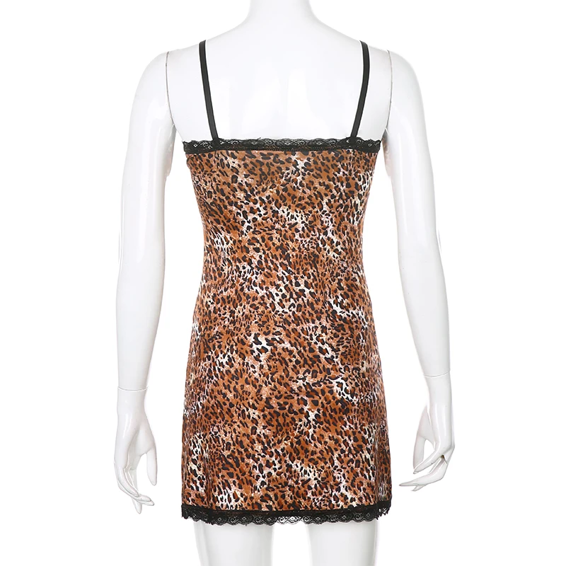 

Leopard Print Patchwork Lace Frill Mini Dress Women Summer Sleeveless Spaghetti Strap Party Clubwear Dresses Streetwear