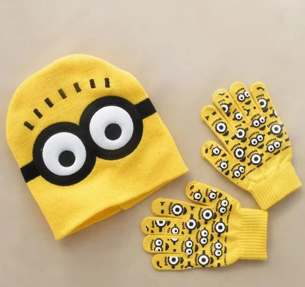 Minions Осенне-зимняя шапка Девочки Мальчики Набор мультфильм Человек-паук и Миньоны теплая кепка вязаная шапка перчатки детская шапка наборы фотографии реквизит - Цвет: Minions