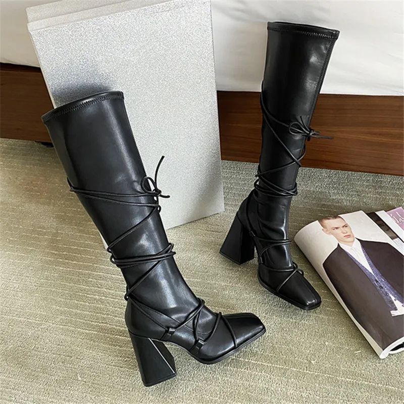 

Fashion Slim Fit Women Knee High Boots Elastic Leather Lace-up Riding Boots Female 10CM Chunky Heel Long Sock Botas Mujer