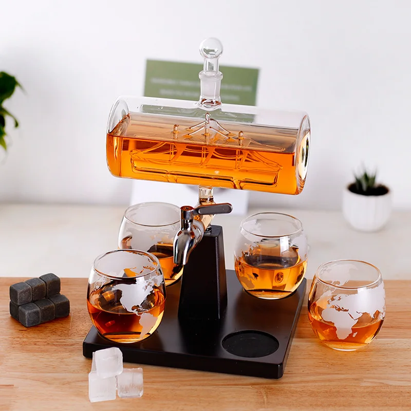 

Hellodream novelty sailboat shaped home bar 5 Pcs Whiskey Decanter Set with stainless steel Faucet