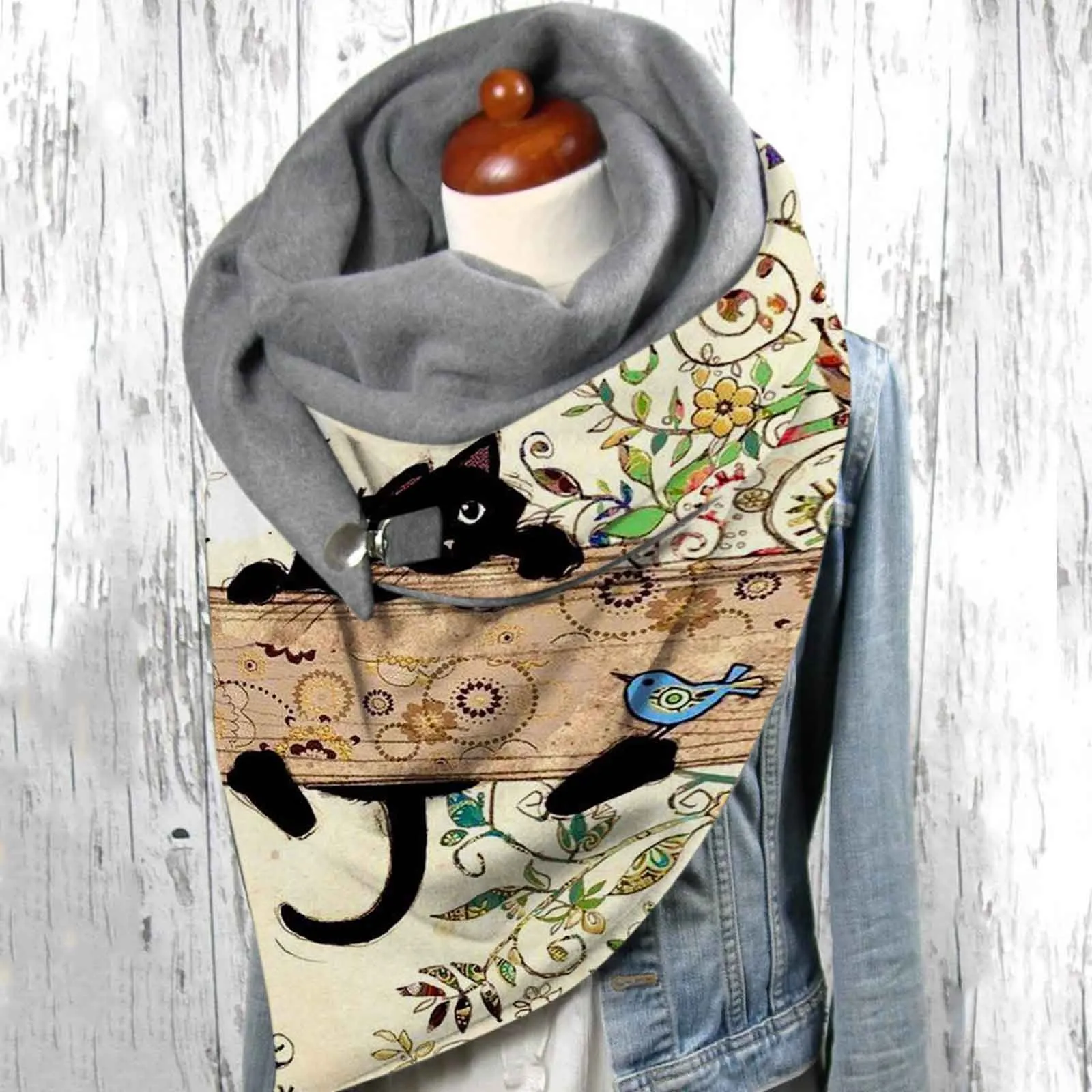 Шарф с забавным принтом кошки универсальный двухслойный теплый ветрозащитный