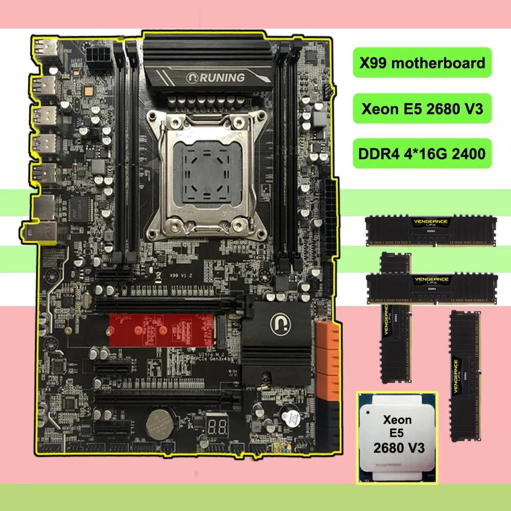 Скидка Runing X99 LGA2011-3 материнская плата с M.2 NVMe Слот Процессор Intel Xeon 2680 V3 ram 64G(4*16G) DDR4 2400 6* USB3.0 10* SATA3.0