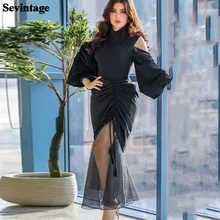 Sevintage preto arábia saudita sereia vestidos de baile mangas compridas midi formal vestidos de noite dubai alta pescoço cetim feminino vestidos de baile (1)