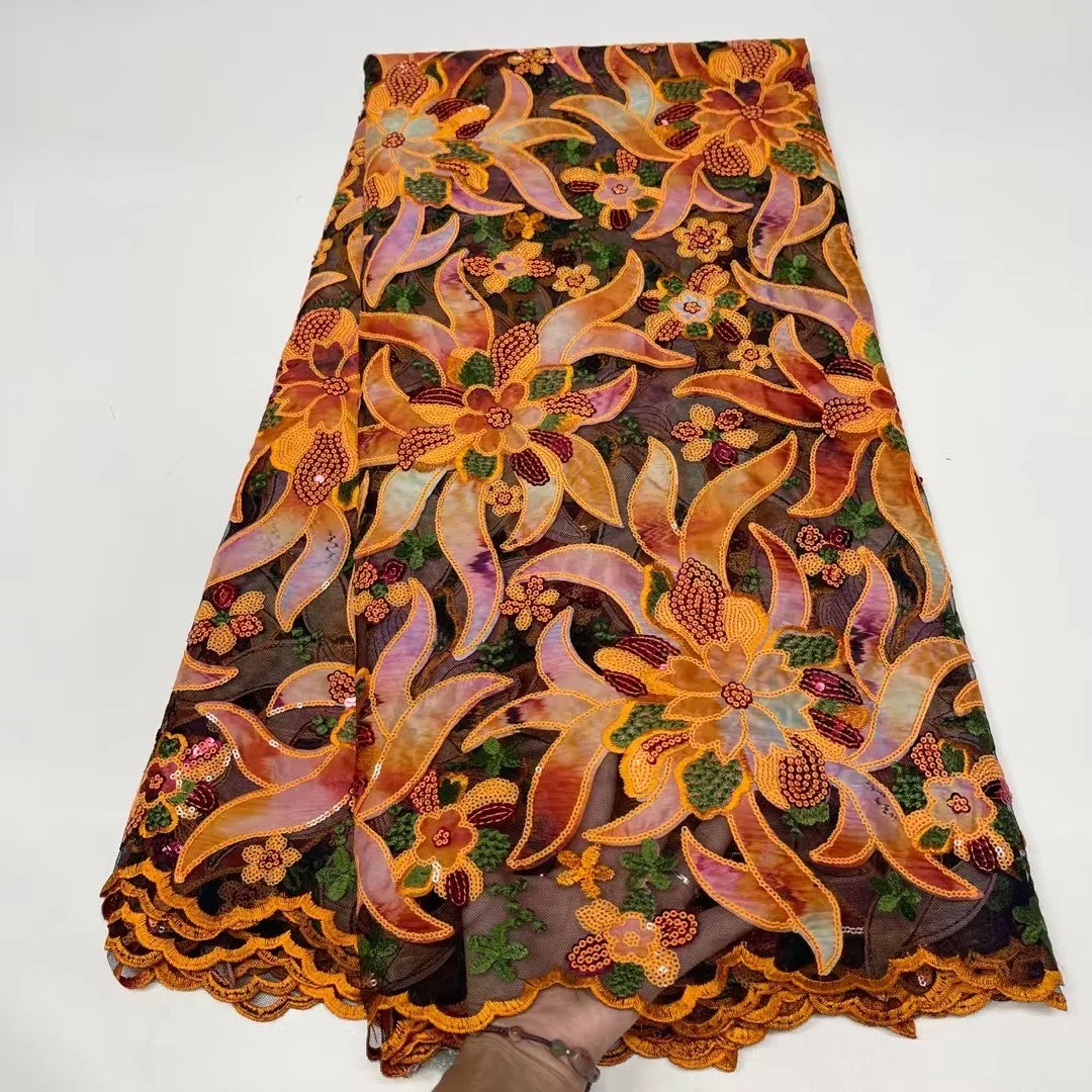 

Новое поступление, атласное кружево с цветочным принтом, высококачественное кружево для шитья, нигерийская кружевная ткань, африканская кружевная ткань с блестками TS9373