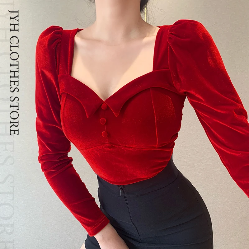 

2021 Retro Women Autumn Shirts Solid Puff Sleeve V-neck Slim Blouses Tops Fashion Ladies Bottoming Shirt Vacation Casual Clothes