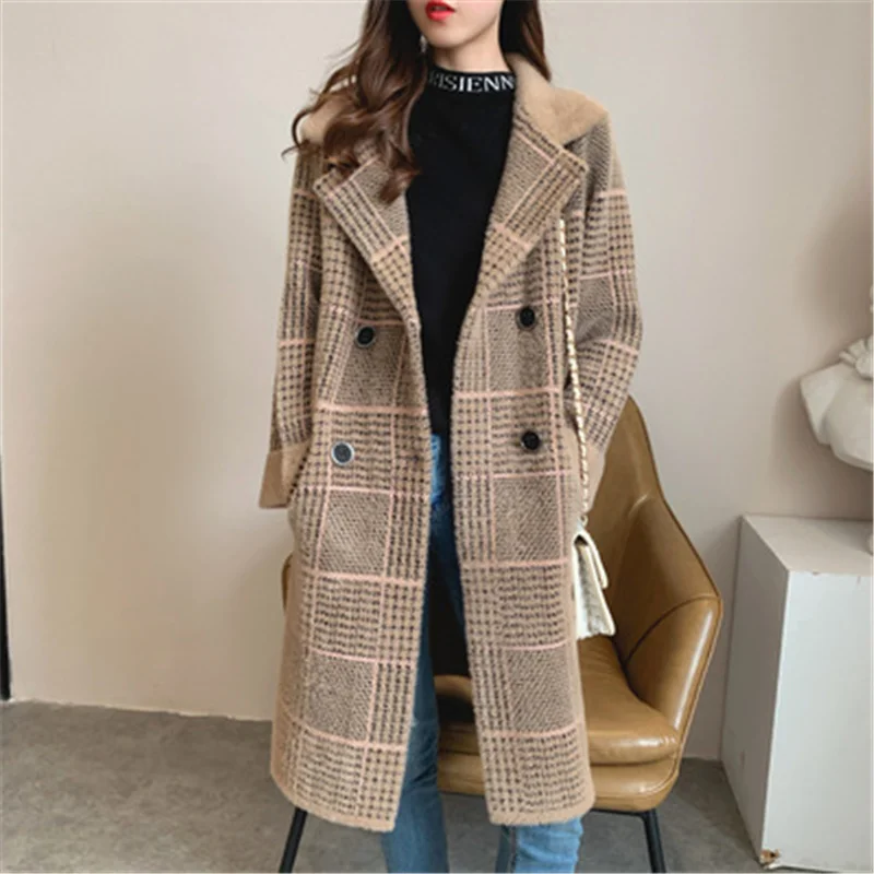 

Winter Women Imitation Mink Velvet Long Coat Lady Chic Thick Loose Plaid Overcoat Female Plus Size Pocket Mujer Cardigan Tops