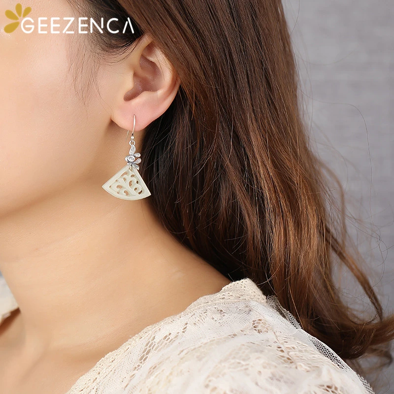 

925 Sterling Silver Thai Hetian Jade Drop Earrings For Women Hollow Carved Plant Fan-shaped Earring Fine Jewel Trendy Party Gift