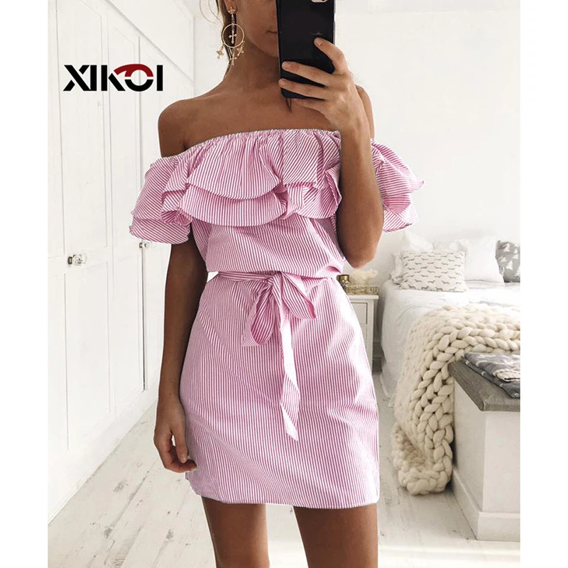 Платье XIKOI женское с вырезом лодочкой Повседневный Сарафан в полоску мини-платье
