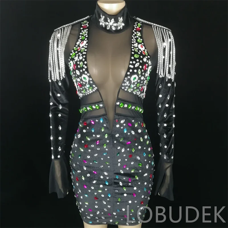 

Multi-Color Rhinestones Tassel Epaulet Short Dress Black Velvet Mesh Transparent Crystal Wrap Hips Mini Outfit Singer Stage Wear